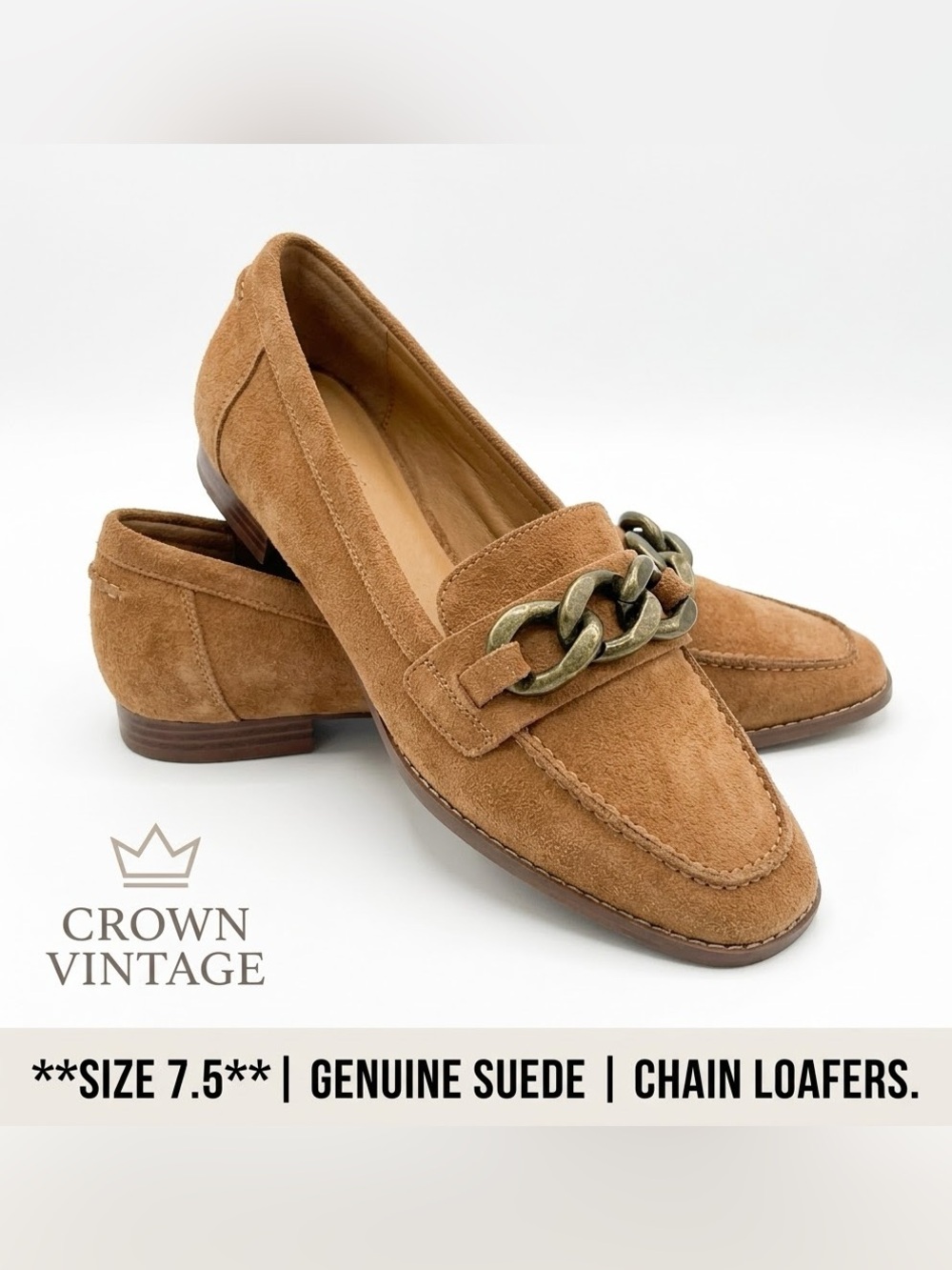 Crown Vintage Tan Suede Chain Link Accent Loafers | 7.5